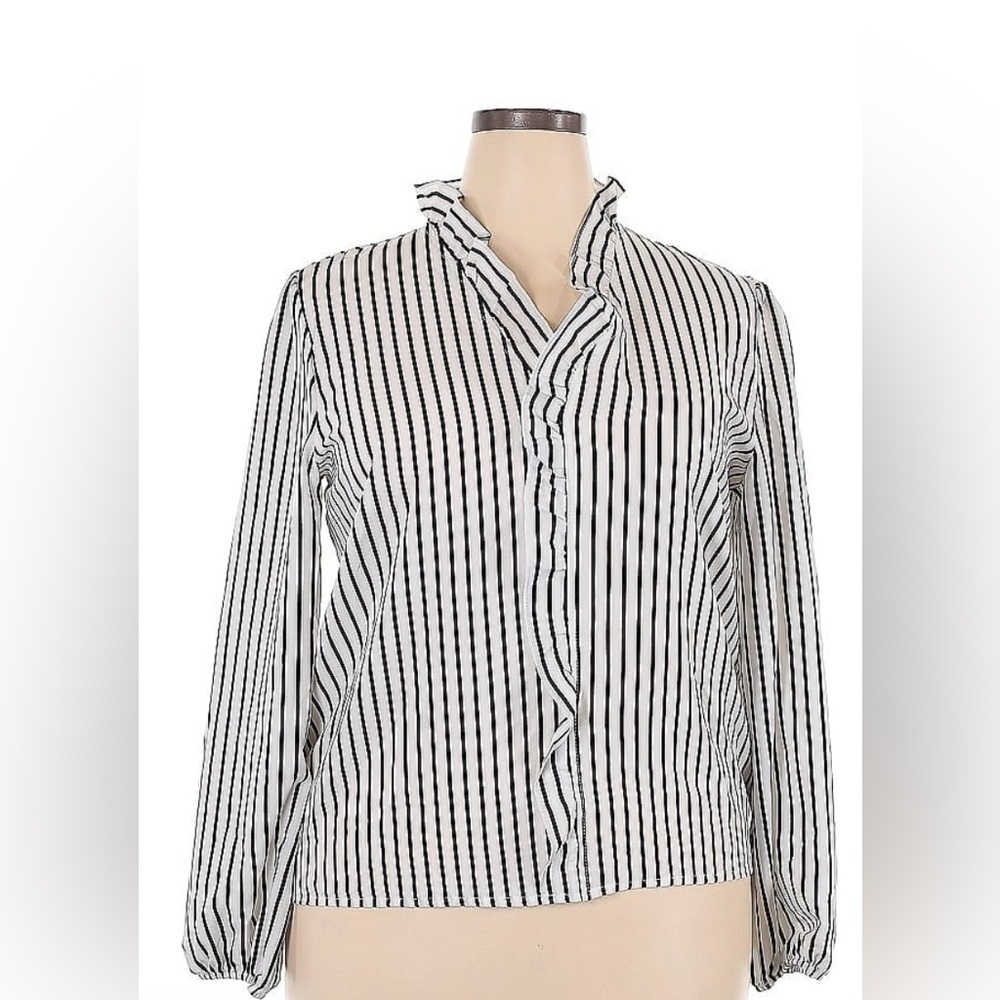 Womens‎ Black White Striped Ruffle V-Neck Blouse Long Sleeve Top XXL